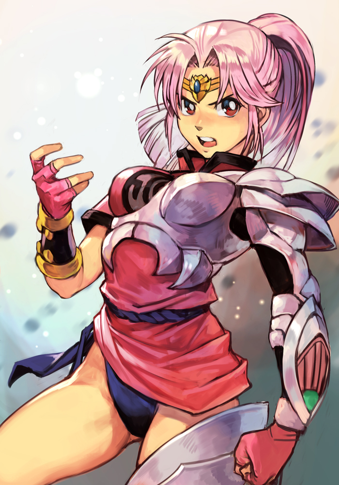 1girl armor breasts brown_eyes dragon_quest dragon_quest_dai_no_daibouken fingerless_gloves gloves hankuri looking_at_viewer maam medium_hair open_mouth pink_hair simple_background solo