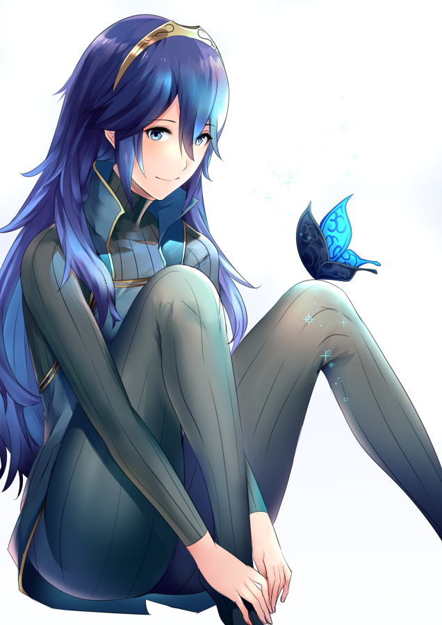 1girl ameno_(a_meno0) animal black_sweater blue_eyes blue_hair bug butterfly butterfly_on_knee closed_mouth commentary_request cute eyebrows_visible_through_hair fire_emblem fire_emblem:_kakusei fire_emblem_13 fire_emblem_awakening hair_between_eyes human insect intelligent_systems lips long_hair looking_at_viewer lucina lucina_(fire_emblem) nintendo ribbed_sweater shiny shiny_hair simple_background sitting smile solo sweater tiara turtleneck turtleneck_sweater white_background