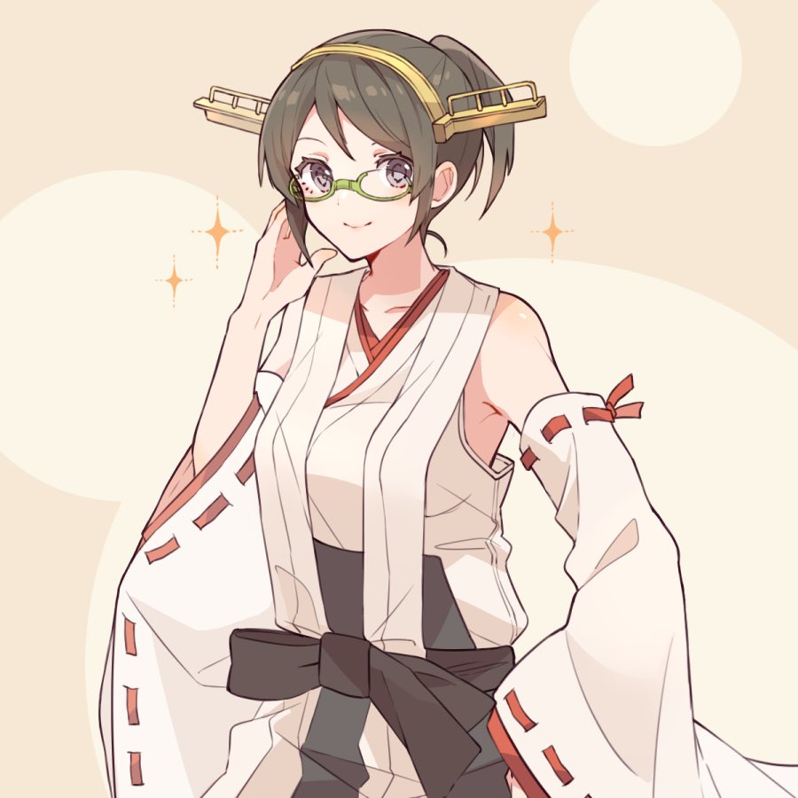 1girl adjusting_eyewear alternate_hairstyle black_hair brown_background commentary_request cowboy_shot detached_sleeves glasses green-framed_eyewear hairband headgear japanese_clothes kantai_collection kirishima_(kantai_collection) looking_at_viewer ponytail ribbon-trimmed_sleeves ribbon_trim shakemi_(sake_mgmgmg) short_hair solo two-tone_background