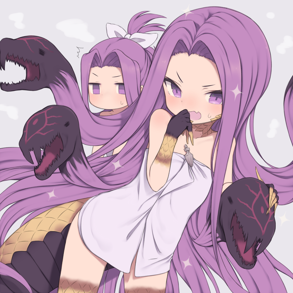 2girls bangs bare_shoulders blush breasts claws fate/grand_order fate_(series) forehead gamuo gorgon_(fate) grey_background hair_intakes long_hair looking_at_viewer medusa_(lancer)_(fate) multiple_girls naked_towel open_mouth parted_bangs ponytail purple_hair rider scales simple_background small_breasts smile snake_hair snake_tail solo sparkle tail thighs towel very_long_hair violet_eyes younger