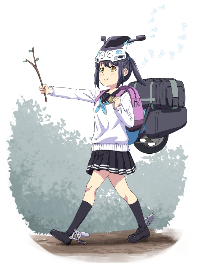 1girl backpack bag black_footwear black_hair black_legwear black_sailor_collar blue_neckwear brown_eyes character_request closed_mouth commentary_request copyright_request from_side headgear holding ishii_hisao loafers long_sleeves musical_note neckerchief randoseru sailor_collar shoes sidelocks smile socks solo stick sweater twintails virtual_youtuber walking white_sweater