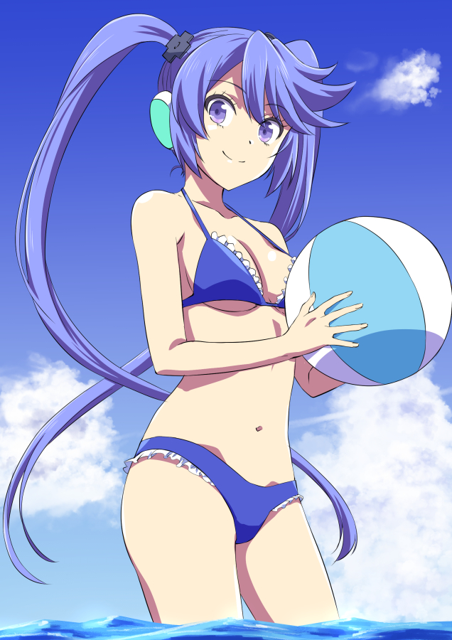 1girl ball beachball bikini blue_bikini blue_sky breasts closed_mouth clouds contrapposto copyright_request cowboy_shot d-pad d-pad_hair_ornament day eyebrows_visible_through_hair frilled_bikini frills hair_ornament headphones holding ishii_hisao long_hair looking_at_viewer medium_breasts navel outdoors purple_background sky solo standing swimsuit twintails very_long_hair violet_eyes wading