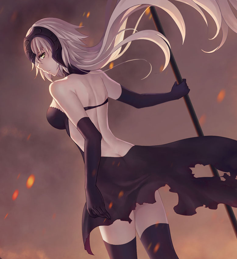 1girl backless_dress backless_outfit black_dress black_gloves black_legwear breasts butt_crack closed_mouth cowboy_shot dress elbow_gloves elsa_(g557744) fate/grand_order fate_(series) floating_hair from_behind gloves holding_polearm jeanne_d'arc_(alter)_(fate) jeanne_d'arc_(fate)_(all) long_hair looking_at_viewer medium_breasts shoulder_blades silver_hair solo standing thigh-highs torn_clothes torn_dress very_long_hair yellow_eyes