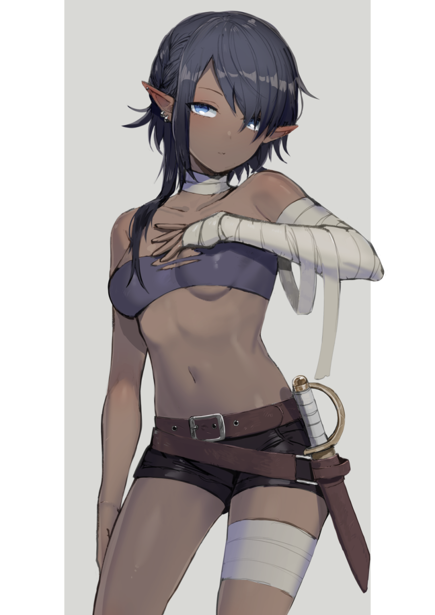 1girl arm_at_side bandaged_arm bandaged_leg bandaged_neck bandages bare_shoulders belt belt_buckle black_hair black_shorts blue_hair breasts buckle closed_mouth collarbone commentary_request dagger dark_elf dark_skin earrings elf expressionless hair_over_one_eye highres jewelry navel original pointy_ears saz8720 sheath sheathed short_hair_with_long_locks short_shorts shorts single_sidelock small_breasts stomach strapless tubetop two-tone_background under_boob weapon