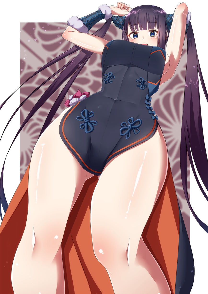 1girl armpits arms_up bangs bare_shoulders black_dress blue_eyes blunt_bangs blush border breasts china_dress chinese_clothes covered_navel detached_sleeves dress fate/grand_order fate_(series) from_below hair_ornament highres kawaruhi large_breasts long_hair looking_at_viewer open_mouth perspective purple_background purple_hair sidelocks smile solo thighs twintails very_long_hair white_border yang_guifei_(fate/grand_order)