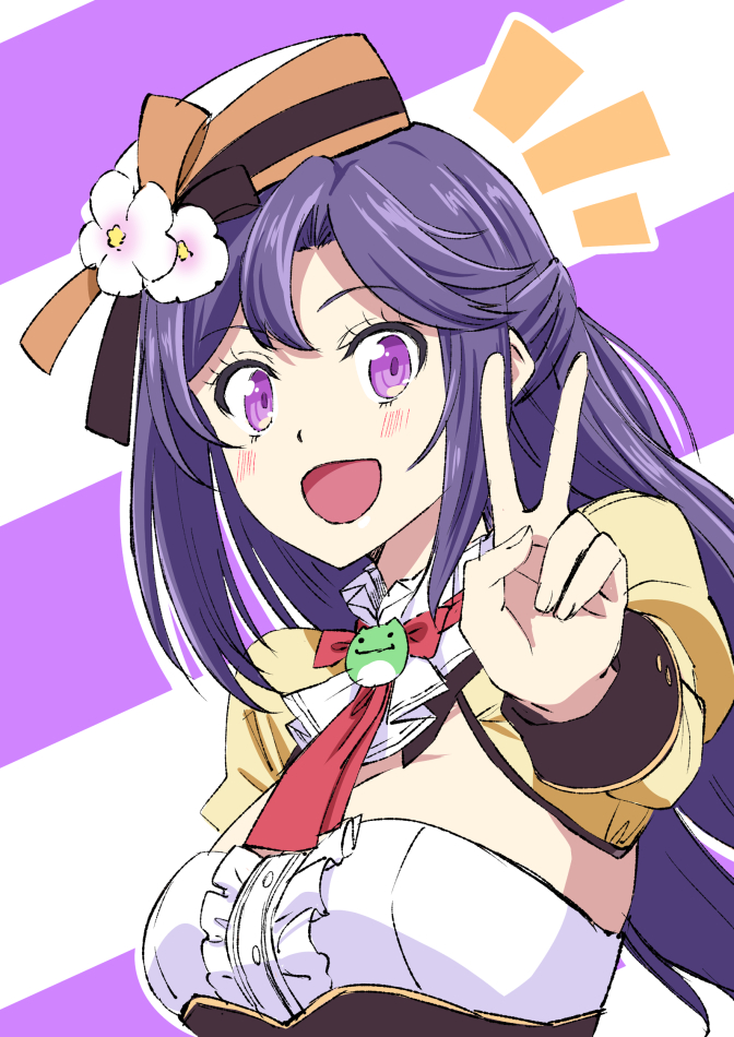 1girl :d blush breasts copyright_request flower hand_up hat hat_flower ishii_hisao juliet_sleeves large_breasts long_sleeves looking_at_viewer neckerchief notice_lines open_mouth puffy_sleeves purple_background purple_hair red_neckwear smile solo striped striped_background upper_body v violet_eyes white_flower