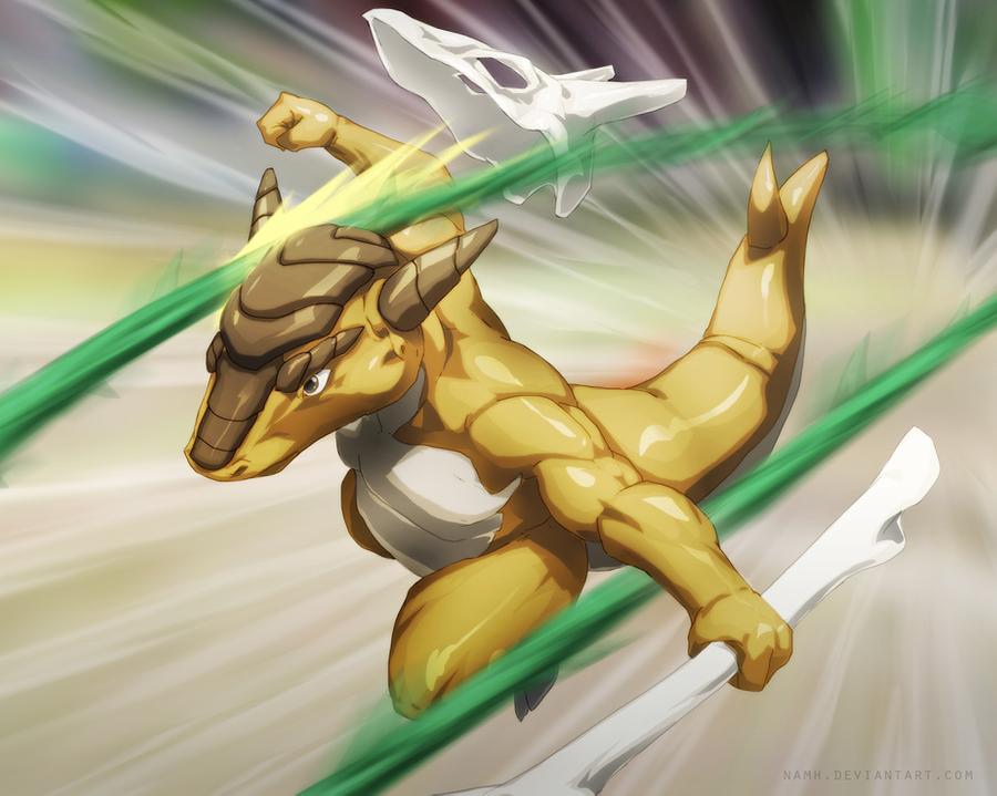 bone brown_eyes commentary creature english_commentary full_body gen_1_pokemon headwear_removed helmet helmet_removed holding holding_bone horns marowak motion_lines namh no_humans pokemon pokemon_(creature) running skull skull_helmet solo