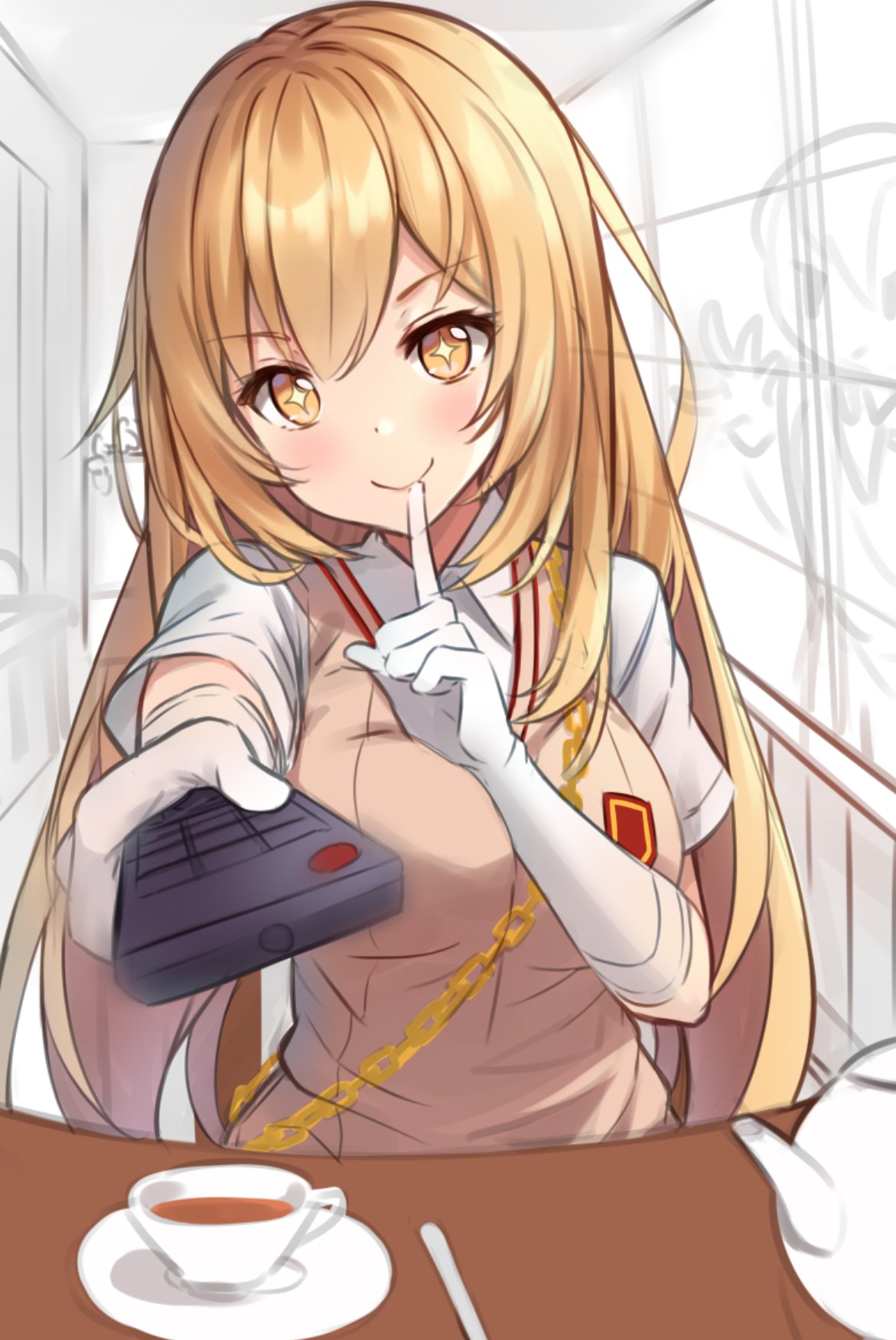 +_+ 1girl bangs blonde_hair blush brown_eyes chain closed_mouth collared_shirt commentary controller cup elbow_gloves english_commentary eyebrows_visible_through_hair gloves hair_between_eyes head_tilt highres hitsukuya holding index_finger_raised long_hair looking_at_viewer outstretched_arm remote_control saucer school_uniform shirt shokuhou_misaki short_sleeves sitting smile solo_focus sweater_vest table to_aru_kagaku_no_railgun to_aru_majutsu_no_index tokiwadai_school_uniform upper_body very_long_hair white_gloves white_shirt