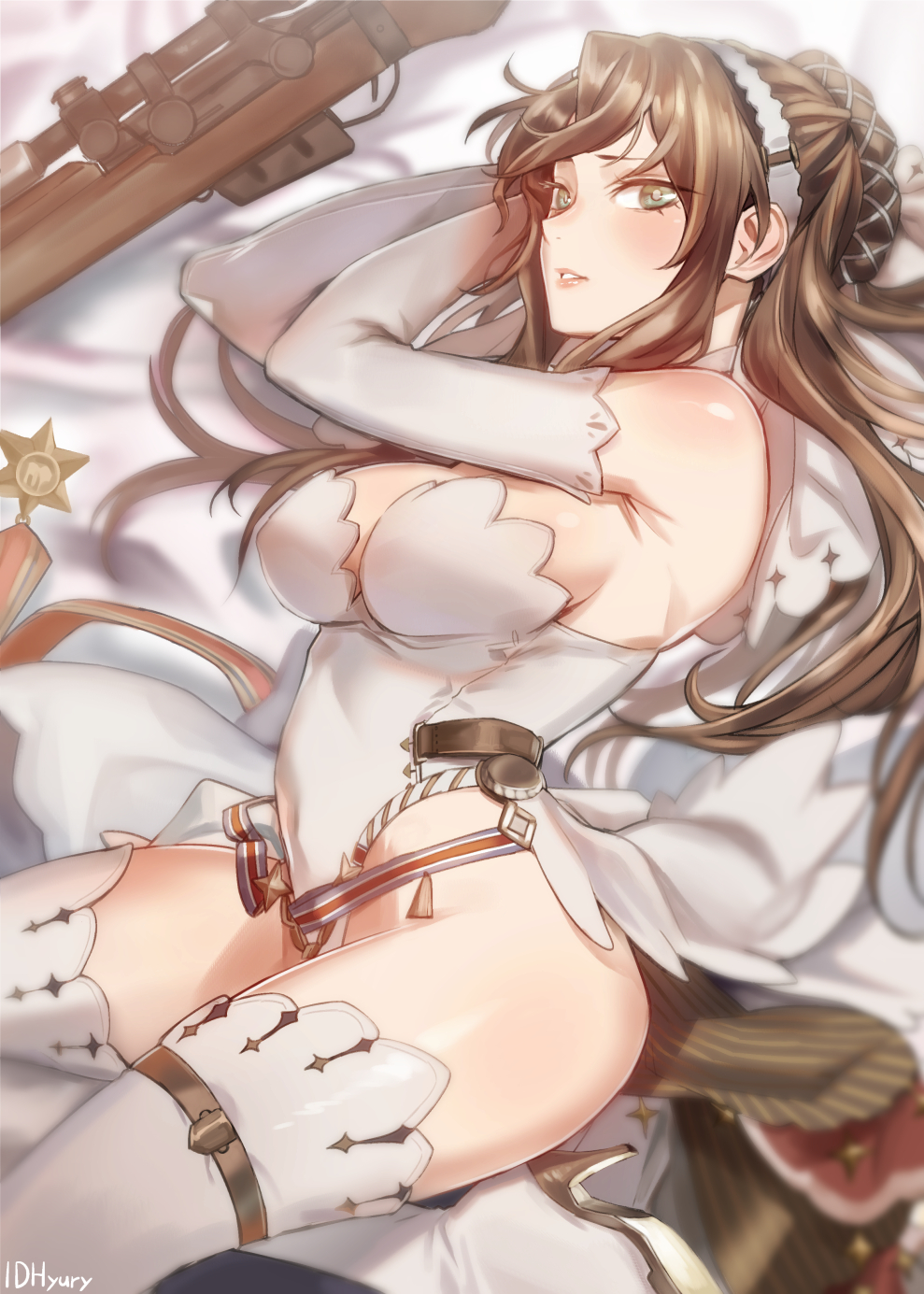 1girl blurry blush boots breasts bright_pupils brown_hair covered_navel depth_of_field elbow_gloves english_commentary girls_frontline gloves gun hair_bun hairband high_heel_boots high_heels highres hyury large_breasts lee-enfield_(girls_frontline) long_hair lying on_side parted_lips sidelocks solo thigh-highs thigh_boots weapon white_footwear white_gloves white_legwear