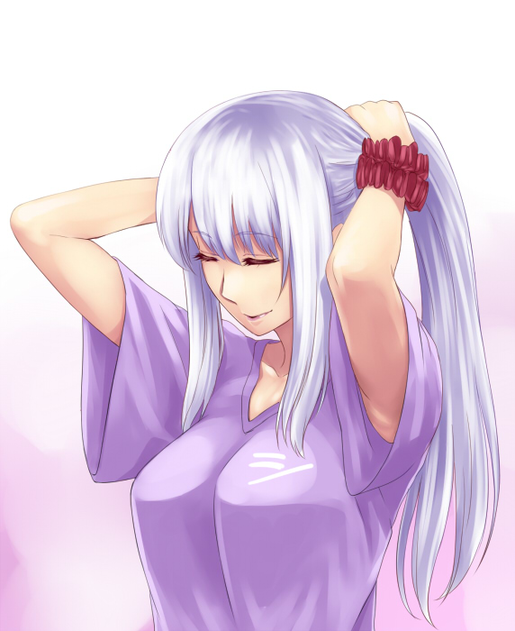 1girl breasts closed_mouth eyebrows_visible_through_hair facing_viewer hair_between_eyes hands_above_head hands_up ishii_hisao kantai_collection large_breasts long_hair ponytail purple_background scrunchie_removed short_sleeves shoukaku_(kantai_collection) sidelocks smile solo tying_hair upper_body very_long_hair white_hair wide_sleeves