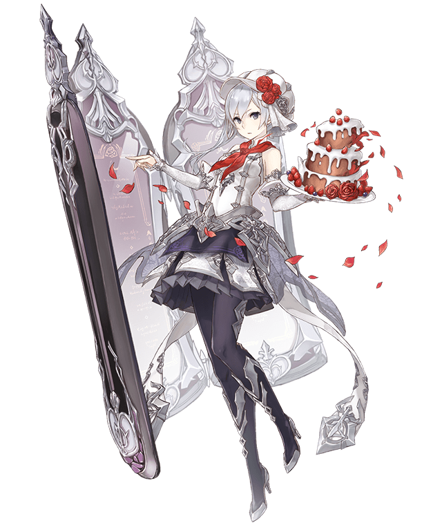 1girl asymmetrical_bangs bangs bare_shoulders bow cake detached_sleeves flower food fruit full_body grey_eyes hat high_heels ji_no looking_at_viewer menu menu_board mirror official_art pantyhose petals rose sinoalice snow_white_(sinoalice) solo strawberry transparent_background tray white_hair