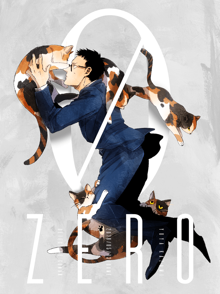 1boy artist_name black_hair calico cat character_name copyright_name dame_(dame_ice) dated english_text formal glasses holding holding_cat kazami_yuuya male_focus meitantei_conan multiple_cats solo suit sweatdrop