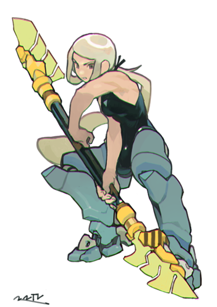 1girl artist_name bangs black_clothes breasts full_body holding holding_lance lance legs long_hair looking_at_viewer mechanical mechanical_legs nanora original parted_lips polearm ponytail sidelocks silver_hair simple_background sleeveless solo standing weapon white_background