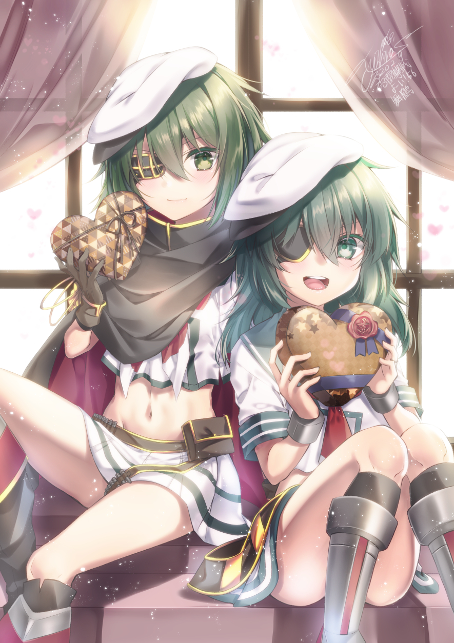 2girls :d ass bangs bare_thighs belt_pouch black_cape black_flower black_gloves black_legwear blush boots box bracelet breasts cape commentary_request convenient_leg cowboy_shot crop_top curtains dual_persona eyebrows_visible_through_hair eyepatch flat_cap flower gift gift_box gloves green_eyes green_hair green_sailor_collar hair_between_eyes hat heart heart-shaped_box highres holding holding_gift indoors jewelry kantai_collection kiso_(kantai_collection) knee_boots kneehighs looking_at_viewer medium_hair midriff military military_uniform multiple_girls naval_uniform navel neckerchief open_mouth pauldrons pouch red_neckwear remodel_(kantai_collection) rudder_footwear sailor_collar school_uniform serafuku shadow short_sleeves sidelocks signature sitting skirt small_breasts smile uniform upper_teeth white_serafuku white_skirt window yuihira_asu