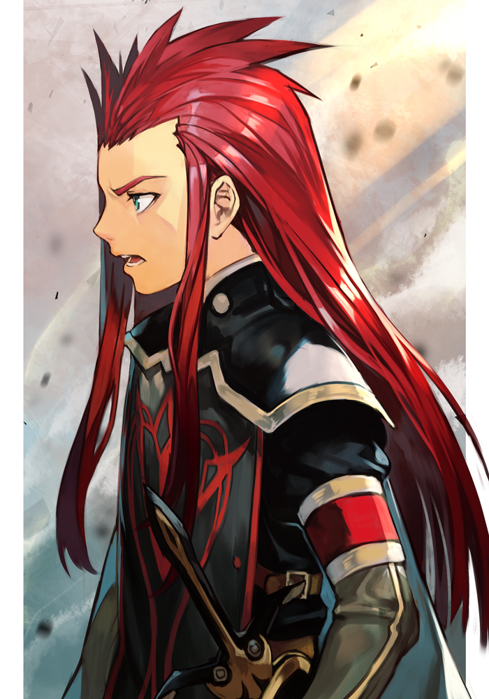 1boy asch green_eyes hankuri long_hair male_focus open_mouth redhead simple_background solo surcoat sword tales_of_(series) tales_of_the_abyss weapon