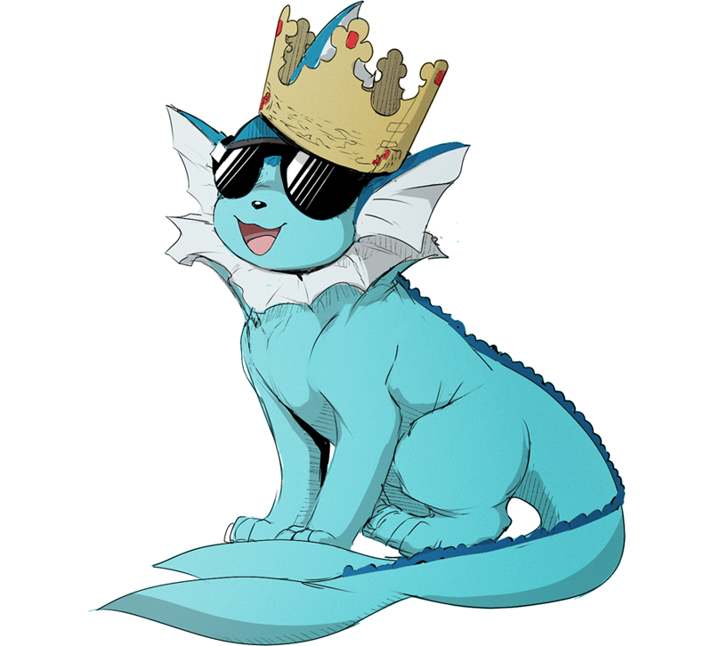 :d creature crown full_body gen_1_pokemon mnstrcndy no_humans open_mouth pokemon pokemon_(creature) simple_background smile solo sunglasses vaporeon white_background