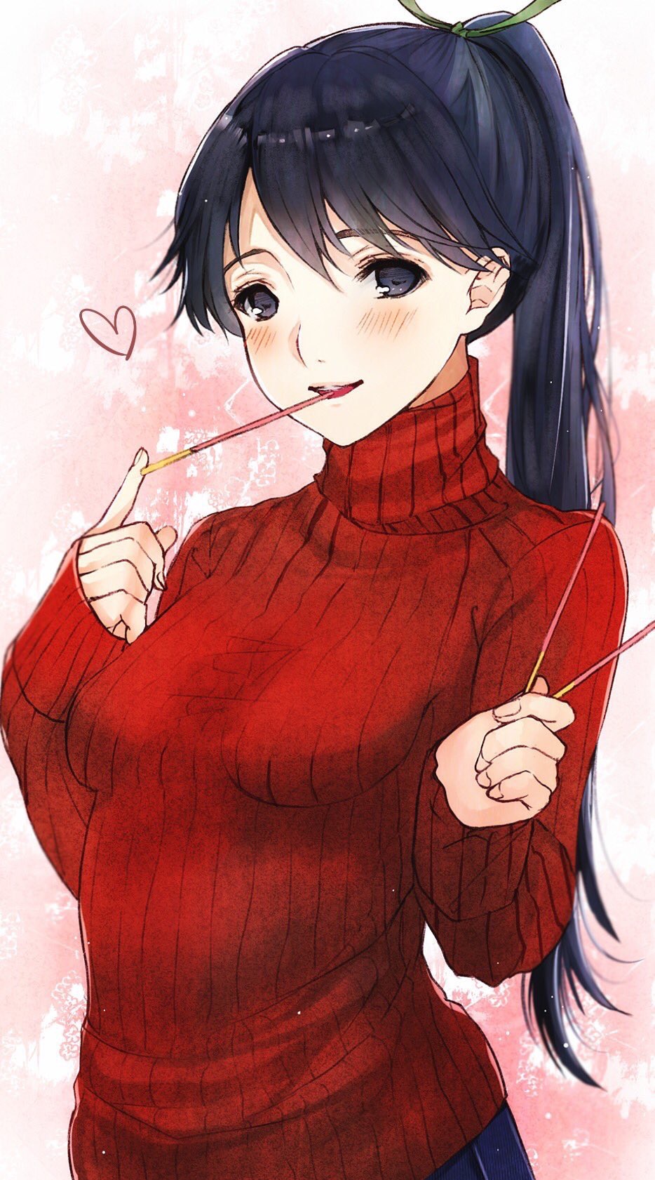 1girl alternate_costume bangs blue_eyes blue_hair blush breasts food hair_ribbon heart highres holding holding_food houshou_(kantai_collection) kantai_collection long_hair long_sleeves magai_akashi medium_breasts open_mouth pocky ponytail red_sweater ribbed_sweater ribbon simple_background solo sweater turtleneck turtleneck_sweater
