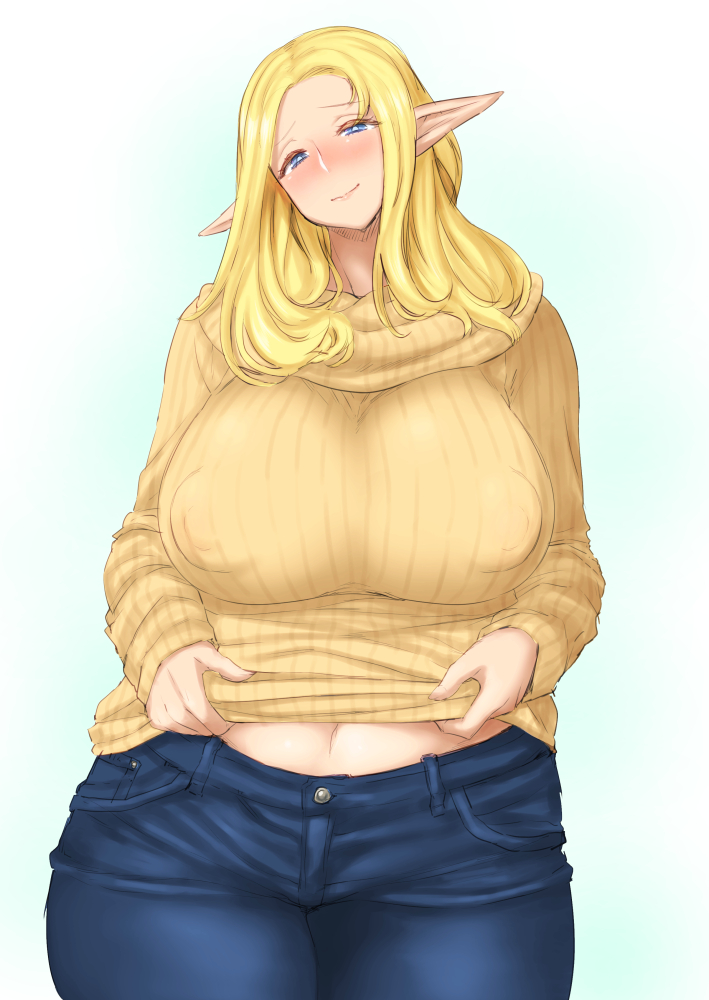 1girl amano_jack_(paradise_jack) blonde_hair blush breasts clothes_lift elf large_breasts long_hair long_pointy_ears looking_at_viewer mature navel original pants pointy_ears ribbed_sweater simple_background solo sweater sweater_lift