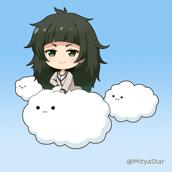 1girl :3 blue_background blush chibi closed_mouth clouds commentary_request green_eyes green_hair grey_jacket hiyajou_maho jacket long_hair long_sleeves looking_at_viewer miicha shirt smile solid_circle_eyes solo steins;gate twitter_username v-shaped_eyebrows very_long_hair white_shirt
