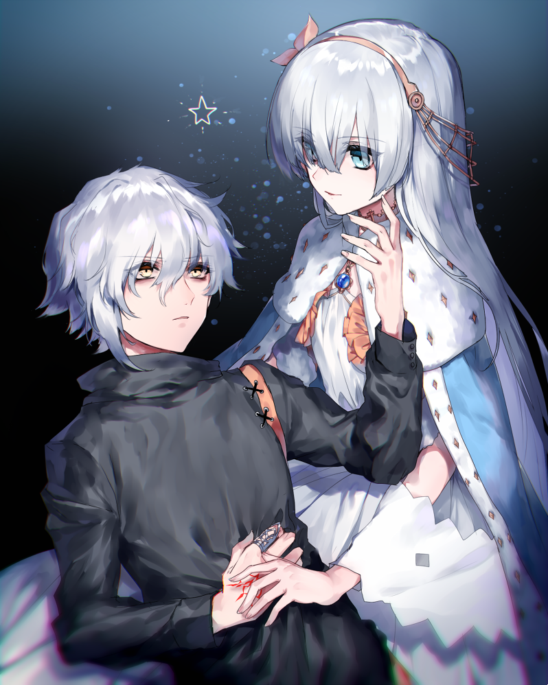 1boy 1girl anastasia_(fate/grand_order) bags_under_eyes bangs blue_eyes cloak command_spell commentary eye_contact eyebrows_visible_through_hair fate/grand_order fate_(series) fuuna_(conclusion) hair_between_eyes hairband hand_on_another's_chin holding_hand jewelry kadoc_zemlupus lipstick long_hair looking_at_another makeup pendant ring star white_hair yellow_eyes