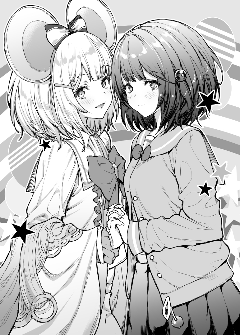 2girls animal_ears bangs blush breasts cardigan closed_mouth dual_persona fake_animal_ears granblue_fantasy greyscale hair_ornament holding_hands interlocked_fingers long_sleeves looking_at_viewer monochrome mouse_ears multiple_girls mushi024 open_mouth pleated_skirt sailor_collar short_hair skirt small_breasts smile vikala_(granblue_fantasy)