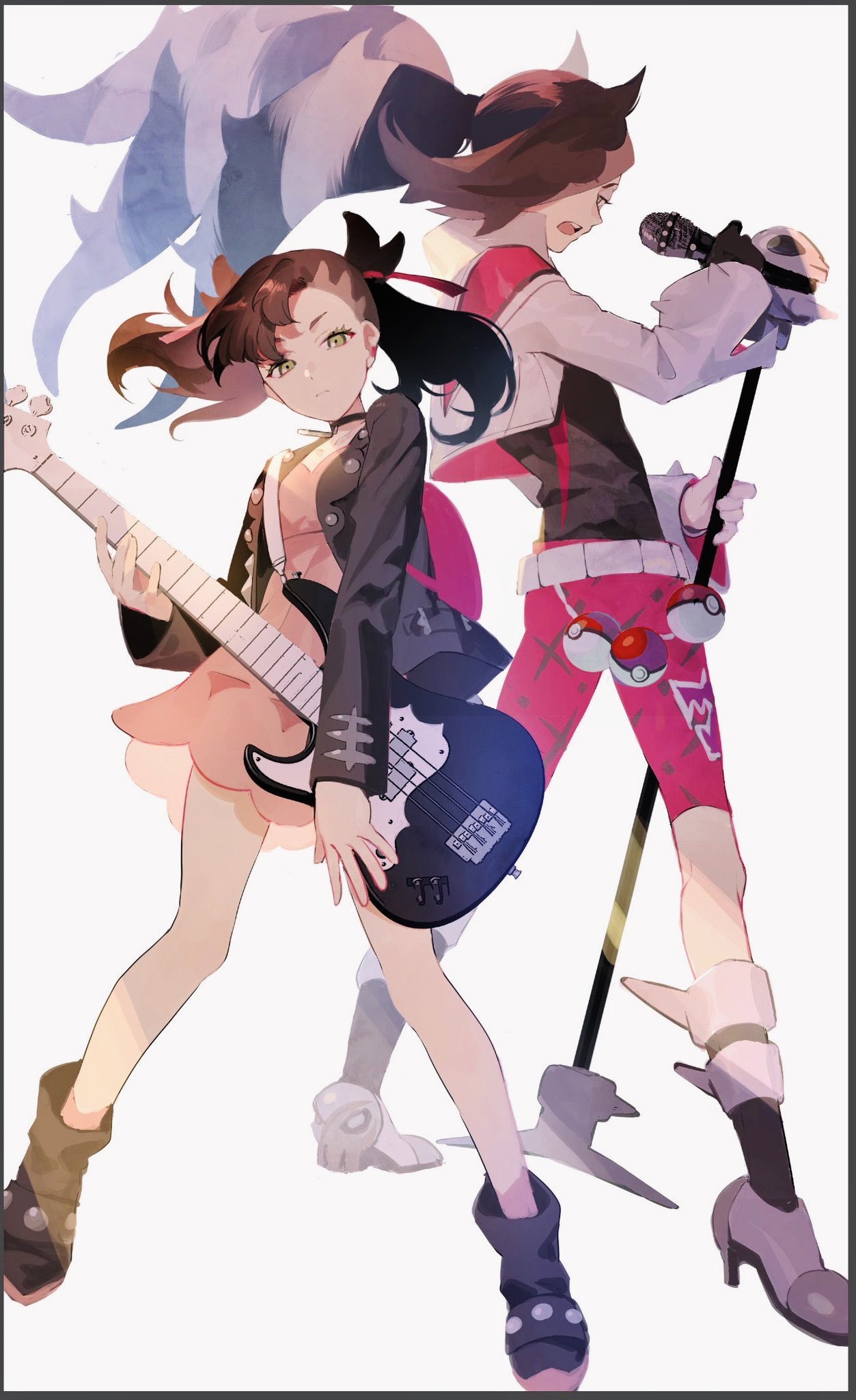 1boy 1girl backpack bag bass_guitar black_border black_hair border brother_and_sister choker dress high_heels highres instrument mary_(pokemon) microphone microphone_stand multicolored_hair nezu_(pokemon) poke_ball poke_ball_(generic) pokemon pokemon_(game) pokemon_swsh ponytail shorts siblings twintails two-tone_hair white_hair yubari