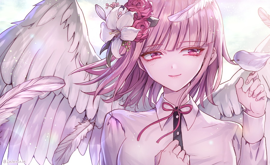 1girl angel_wings animal bangs bird breasts commentary_request dangan_ronpa eyebrows_visible_through_hair feathered_wings flower hair_flower hair_ornament large_breasts nanami_chiaki pink_eyes pink_hair pink_ribbon red_flower red_rose ribbon rose short_hair smile solo super_dangan_ronpa_2 white_flower wings z-epto_(chat-noir86)