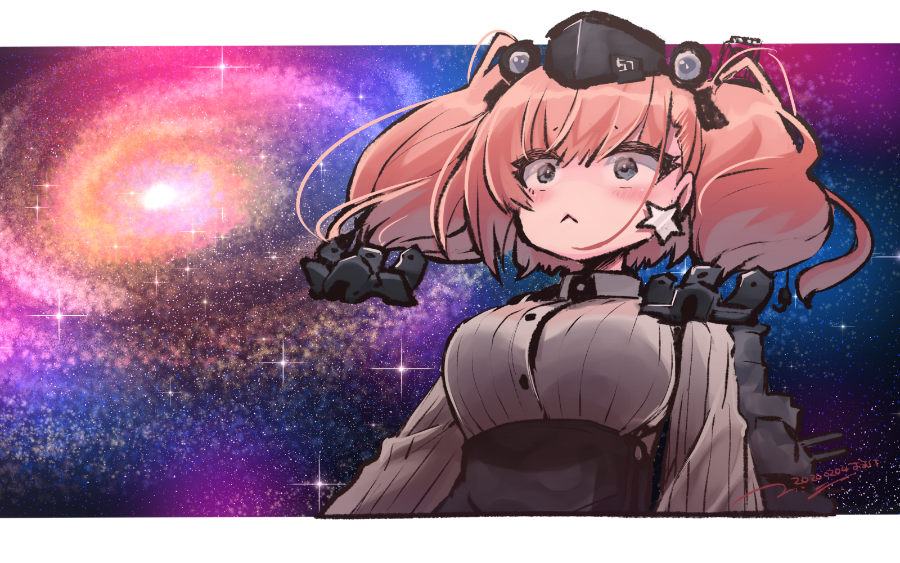 1girl :&lt; anchor_hair_ornament atlanta_(kantai_collection) blush breasts brown_hair cat_transcendence commentary_request dated earrings grey_eyes hair_ornament hat jewelry kantai_collection large_breasts long_hair looking_away nigo solo star star_earrings twintails upper_body