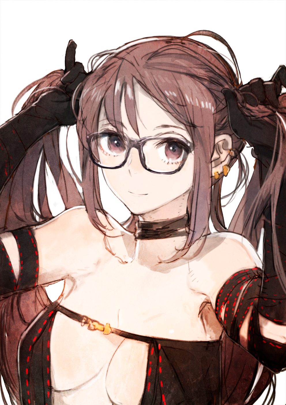 1girl bangs bare_shoulders black_dress blush breasts brown_eyes brown_hair center_opening choker collarbone consort_yu_(fate) dress ear_piercing earrings fate/grand_order fate_(series) glasses gloves highres jewelry long_hair looking_at_viewer medium_breasts piercing revealing_clothes smile solo strapless toi8 very_long_hair