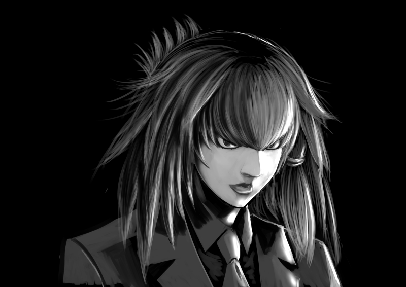 1girl black_background collared_shirt folded_ponytail greyscale hair_between_eyes ishii_hisao jacket kemono_friends looking_at_viewer monochrome necktie realistic shirt shoebill_(kemono_friends) side_ponytail simple_background solo upper_body wing_collar