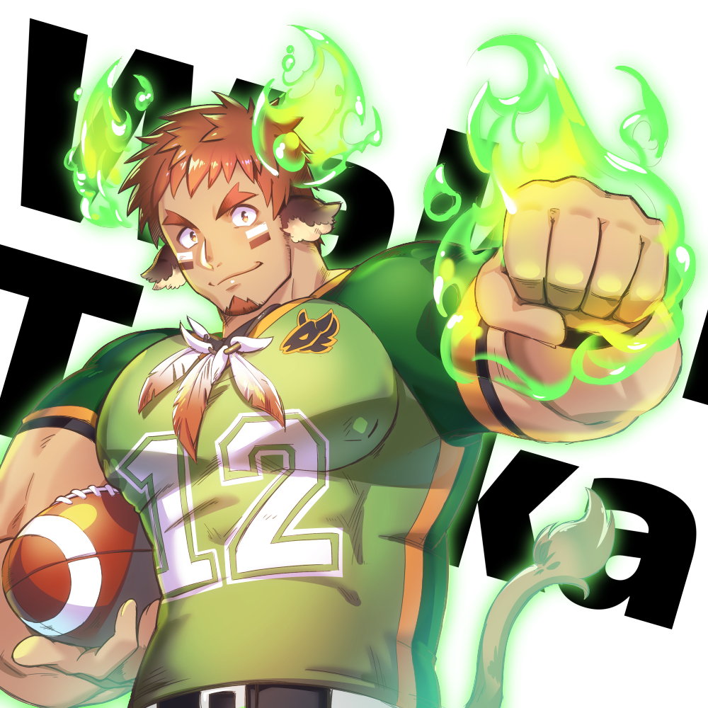 1boy animal_ears bara beard belt brown_hair chest clenched_hand facial_hair feathers football forked_eyebrows glowing_horns horns looking_at_viewer male_focus muscle native_american nipples pectorals simple_background smile solo tail thick_eyebrows tokyo_houkago_summoners wakan_tanka waku_(ayamix)