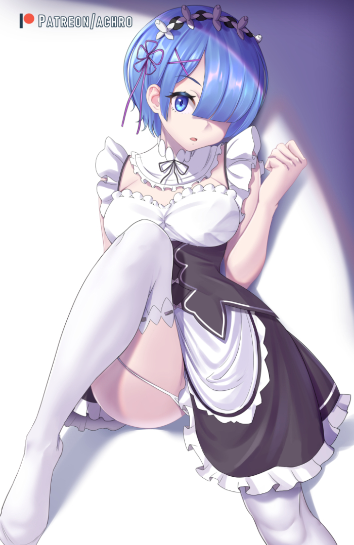 1girl achromaru apron bangs bare_shoulders black_dress blue_eyes blue_hair breasts commentary detached_sleeves dress frills hair_ornament hair_over_one_eye hair_ribbon large_breasts looking_at_viewer maid maid_apron maid_dress maid_headdress panties pantyhose pink_ribbon re:zero_kara_hajimeru_isekai_seikatsu rem_(re:zero) ribbon short_hair solo underwear white_apron white_legwear white_panties x_hair_ornament