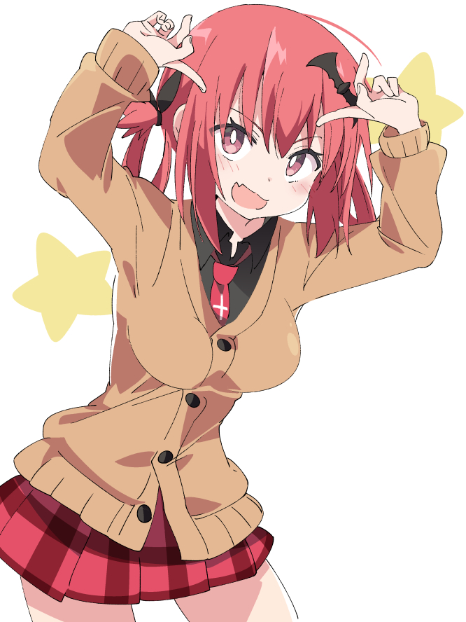 1girl bat_hair_ornament black_shirt breasts brown_cardigan cardigan eyebrows_visible_through_hair gabriel_dropout hair_ornament hands_up ixy kurumizawa_satanichia_mcdowell large_breasts long_sleeves looking_at_viewer necktie open_mouth plaid plaid_skirt red_eyes red_neckwear red_skirt redhead shirt short_hair simple_background skirt solo star white_background