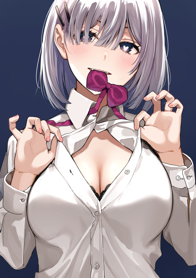 1girl blue_background bow bowtie bra bra_peek collared_shirt dress_shirt hair_ornament hair_over_one_eye hairclip hands_up heart heart-shaped_pupils long_sleeves looking_at_viewer mouth_hold nishizawa open_mouth original partially_unbuttoned shirt short_hair silver_hair simple_background solo symbol-shaped_pupils underwear upper_body violet_eyes white_shirt