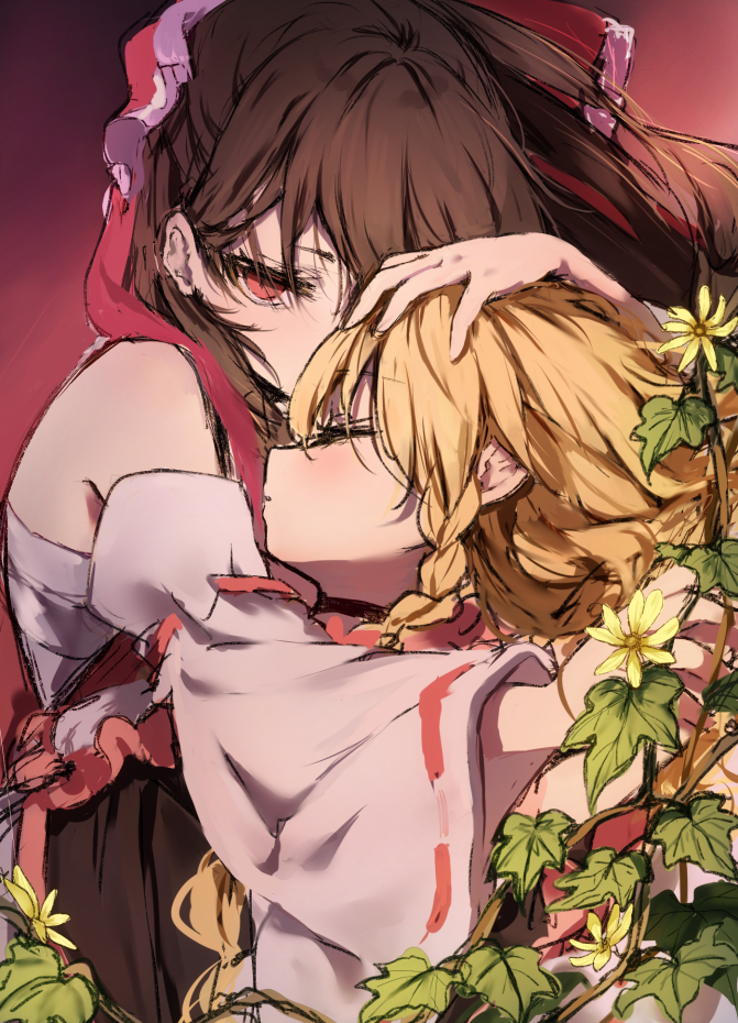 2girls bangs bare_shoulders blonde_hair bow brown_hair closed_eyes commentary_request detached_sleeves eyebrows_visible_through_hair flower frilled_bow frills gradient gradient_background hair_bow hakurei_reimu hug kirisame_marisa leaf long_hair long_sleeves looking_at_viewer multiple_girls no_hat no_headwear piyokichi profile red_background red_bow red_eyes sarashi touhou upper_body wide_sleeves yellow_flower yuri