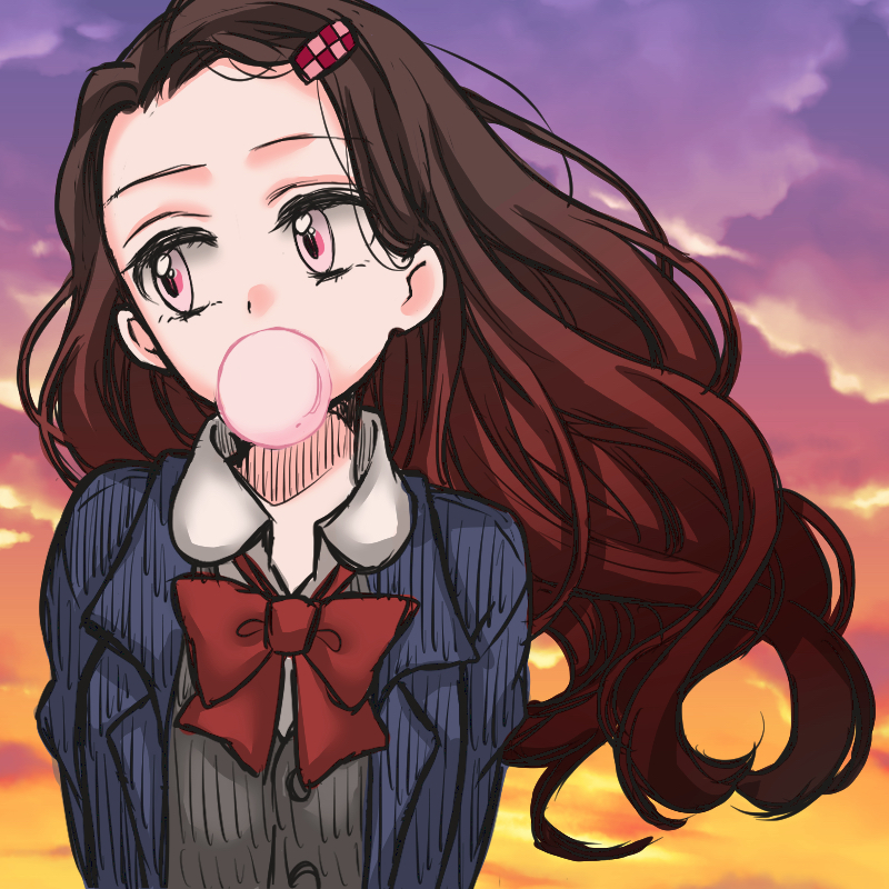 1girl blazer blue_jacket bow bowtie brown_hair bubble_blowing collared_shirt curly_hair floating_hair gradient_hair grey_shirt hair_ornament hairclip jacket kamado_nezuko kimetsu_no_yaiba long_hair long_sleeves looking_to_the_side multicolored_hair open_blazer open_clothes open_jacket outdoors pink_eyes red_bow red_neckwear redhead s0w0d school_uniform shirt sketch solo upper_body very_long_hair wing_collar