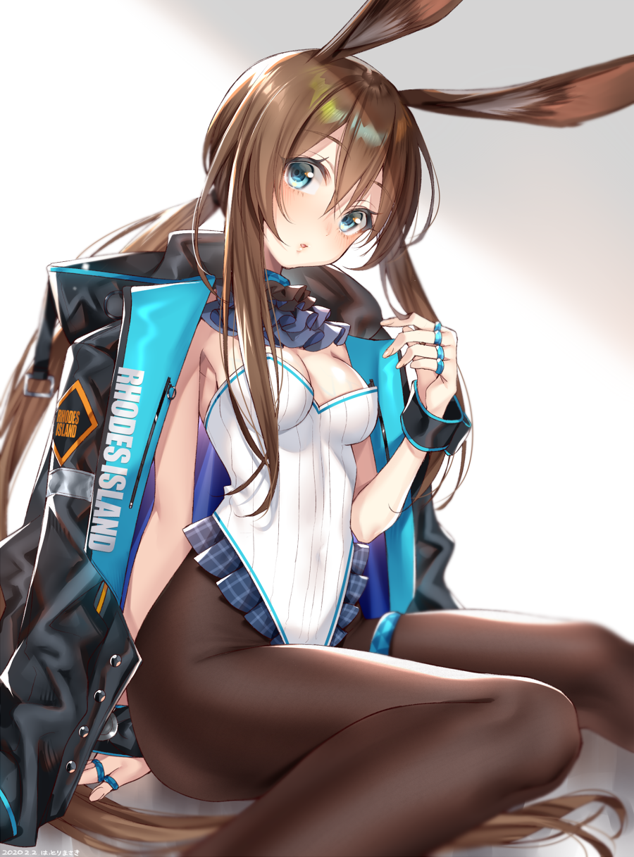 1girl amiya_(arknights) animal_ears arknights arm_support ascot bangs black_jacket blue_eyes blush breasts brown_hair brown_legwear choker detached_collar frilled_leotard frills hair_between_eyes hand_up hattori_masaki head_tilt highleg highleg_leotard highres jacket jacket_on_shoulders jewelry leotard long_hair long_sleeves looking_at_viewer medium_breasts multiple_rings open_clothes open_jacket pantyhose parted_lips ponytail rabbit_ears ring sidelocks solo strapless strapless_leotard thighlet thumb_ring very_long_hair white_leotard wrist_cuffs