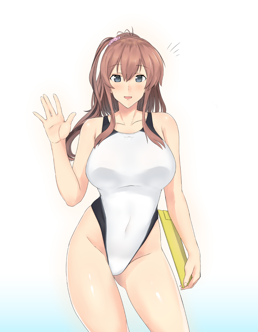 1girl blue_background brown_hair clipboard collarbone competition_swimsuit cowboy_shot gradient gradient_background grey_eyes highleg highleg_swimsuit kantai_collection long_hair looking_at_viewer moose_(moosemitchell2) one-piece_swimsuit ponytail saratoga_(kantai_collection) side_ponytail sidelocks smile solo standing swimsuit waving white_background white_swimsuit