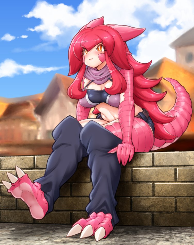 1girl amano_jack_(paradise_jack) belt claws clouds day detached_pants lizard_girl lizard_tail long_hair monster_girl original outdoors pants pink_hair scales sitting sky solo tail village wall yellow_eyes