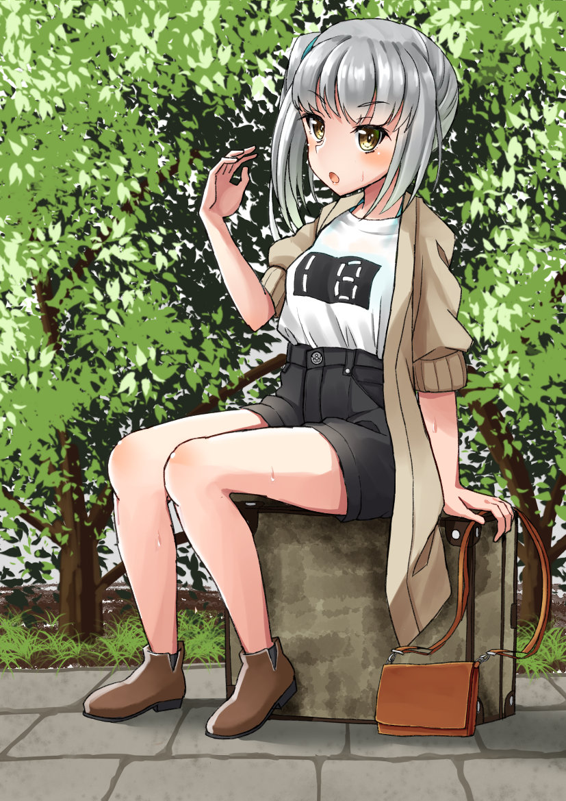 1girl alternate_costume black_shorts blue_bra bra brown_coat brown_eyes brown_footwear casual coat commentary_request full_body grey_hair kantai_collection kasumi_(kantai_collection) long_hair looking_at_viewer mayura2002 see-through shirt shorts side_ponytail sitting solo suitcase tree underwear white_shirt