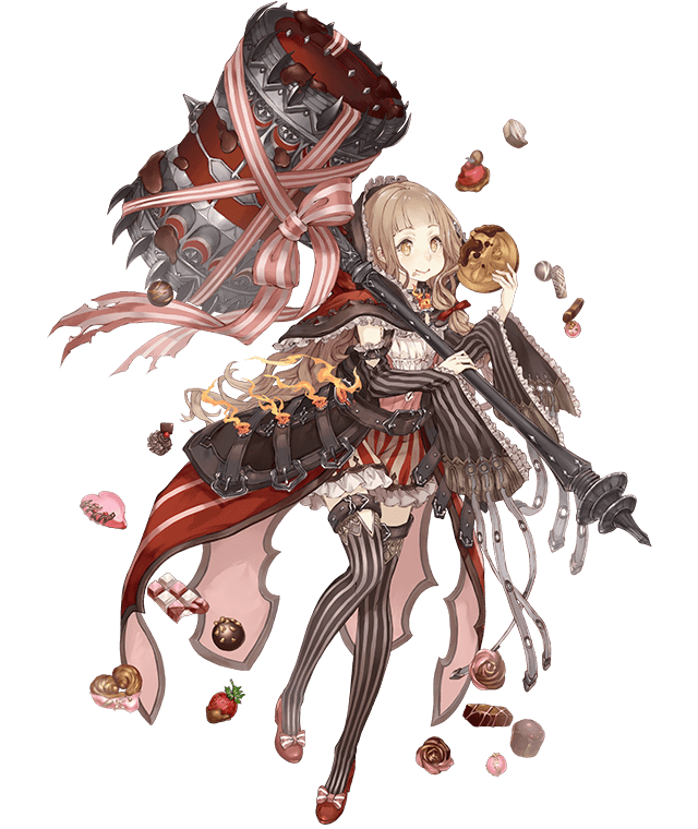 1girl belt blonde_hair bow cake candy capelet detached_sleeves eating food frills full_body hammer hood hooded_capelet ji_no little_red_riding_hood_(sinoalice) looking_at_viewer mary_janes official_art orange_eyes over_shoulder pastry ribbon shoes sinoalice solo striped striped_legwear thigh-highs thigh_strap transparent_background weapon weapon_over_shoulder
