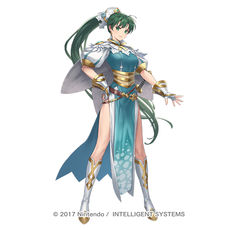 1girl ahoge aqua_dress bangs belt boots breasts cape company_name cuboon dress earrings eyebrows_visible_through_hair fingerless_gloves fire_emblem fire_emblem_heroes full_body gloves green_eyes green_hair hand_on_hip jewelry knee_boots long_hair looking_at_viewer lyn_(fire_emblem) medium_breasts official_art pelvic_curtain ponytail puffy_short_sleeves puffy_sleeves short_sleeves simple_background smile solo standing sword very_long_hair weapon white_background white_cape white_footwear white_gloves wrist_guards