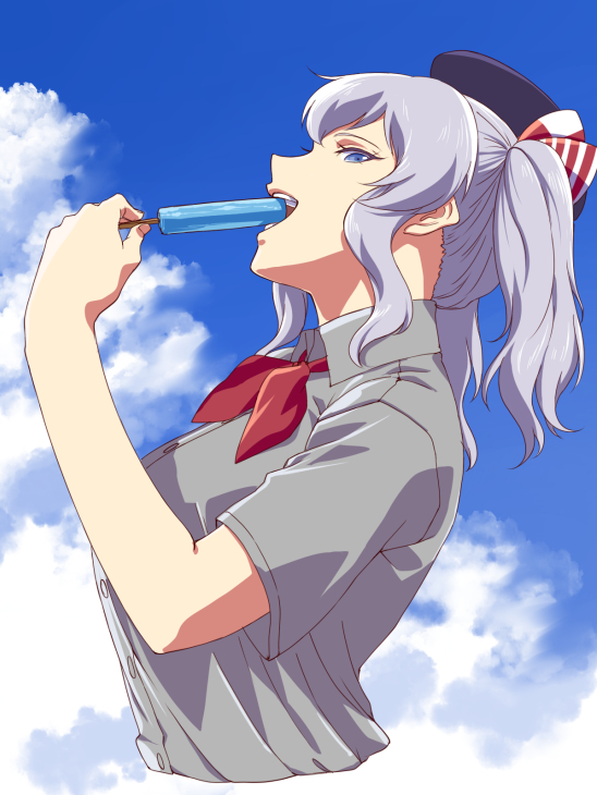 1girl blue_eyes blue_sky clouds collared_shirt food from_side grey_hair grey_shirt hand_up hat holding ishii_hisao kantai_collection kashima_(kantai_collection) neckerchief open_mouth popsicle profile red_neckwear shirt short_sleeves sidelocks sky smile solo twintails wing_collar