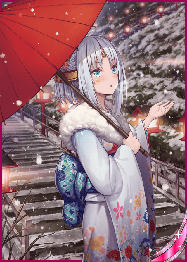 1girl akkijin blue_eyes floral_print flower hair_flower hair_ornament holding holding_umbrella japanese_clothes kimono lamp looking_to_the_side official_art oracle_(shinkai_no_valkyrie) oriental_umbrella shinkai_no_valkyrie silver_hair snow snowflakes snowing stairs tiara tree umbrella