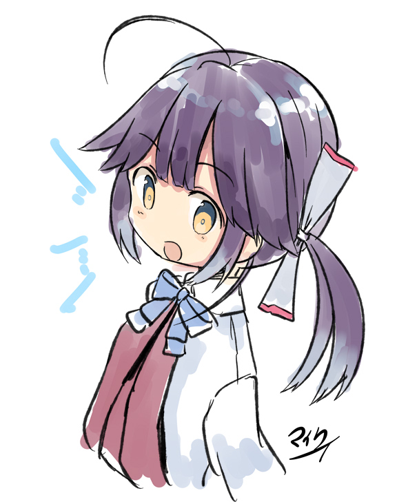 ahoge bangs blue_neckwear bow bowtie collared_shirt commentary_request dress eyebrows_visible_through_hair hair_ribbon hayanami_(kantai_collection) kantai_collection long_sleeves looking_at_viewer maiku notice_lines open_mouth orange_eyes parted_bangs purple_dress purple_hair ribbon shirt short_hair side_ponytail sidelocks simple_background sketch white_background white_ribbon white_shirt