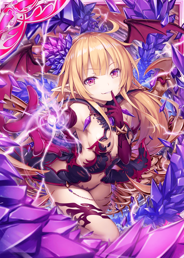 1girl akkijin bare_shoulders bat_wings black_dress blonde_hair breasts crystal demon_girl demon_wings dress elbow_gloves elf finger_to_mouth gloves glowing_crystal hair_ornament jewelry lightning_bolt looking_at_viewer official_art orb pointy_ears red_eyes red_gloves red_sky shinkai_no_valkyrie short_dress sky small_breasts underwear wings