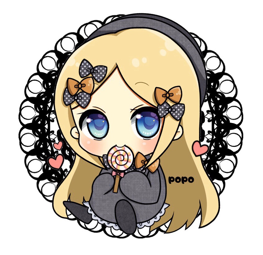 1girl abigail_williams_(fate/grand_order) artist_name bangs black_bow black_dress black_footwear black_headwear blonde_hair blue_eyes blush bow candy chibi commentary_request dress eating eyebrows_visible_through_hair fate/grand_order fate_(series) food full_body hair_bow hat heart holding holding_food holding_lollipop lollipop long_hair long_sleeves looking_at_viewer orange_bow parted_bangs polka_dot polka_dot_bow popo_(popopuri) shoe_soles shoes sitting sleeves_past_fingers sleeves_past_wrists solo swirl_lollipop very_long_hair white_background