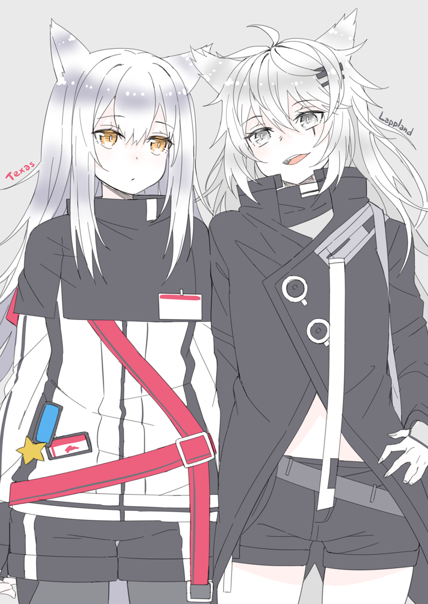 2girls animal_ears arknights bangs black_jacket black_shorts blush brown_eyes character_name closed_mouth cowboy_shot eyebrows_visible_through_hair grey_background grey_eyes grey_hair grey_legwear hair_between_eyes hair_ornament hairclip hand_on_hip highres jacket lappland_(arknights) legwear_under_shorts long_hair long_sleeves multiple_girls open_mouth pantyhose scar scar_across_eye short_shorts shorts simple_background smile somnium star texas_(arknights) upper_teeth very_long_hair white_jacket