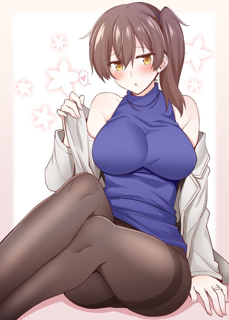 1girl bangs bare_shoulders blush breasts brown_hair commentary_request eyebrows_visible_through_hair floral_background hair_between_eyes heart holding_dress jacket jewelry kaga_(kantai_collection) kantai_collection knees_up large_breasts looking_at_viewer open_clothes open_jacket open_mouth orange_eyes pantyhose purple_shirt revision ring rui_shi_(rayze_ray) shirt short_hair side_ponytail sidelocks simple_background sitting sleeveless sleeveless_shirt solo spoken_heart thighband_pantyhose turtleneck