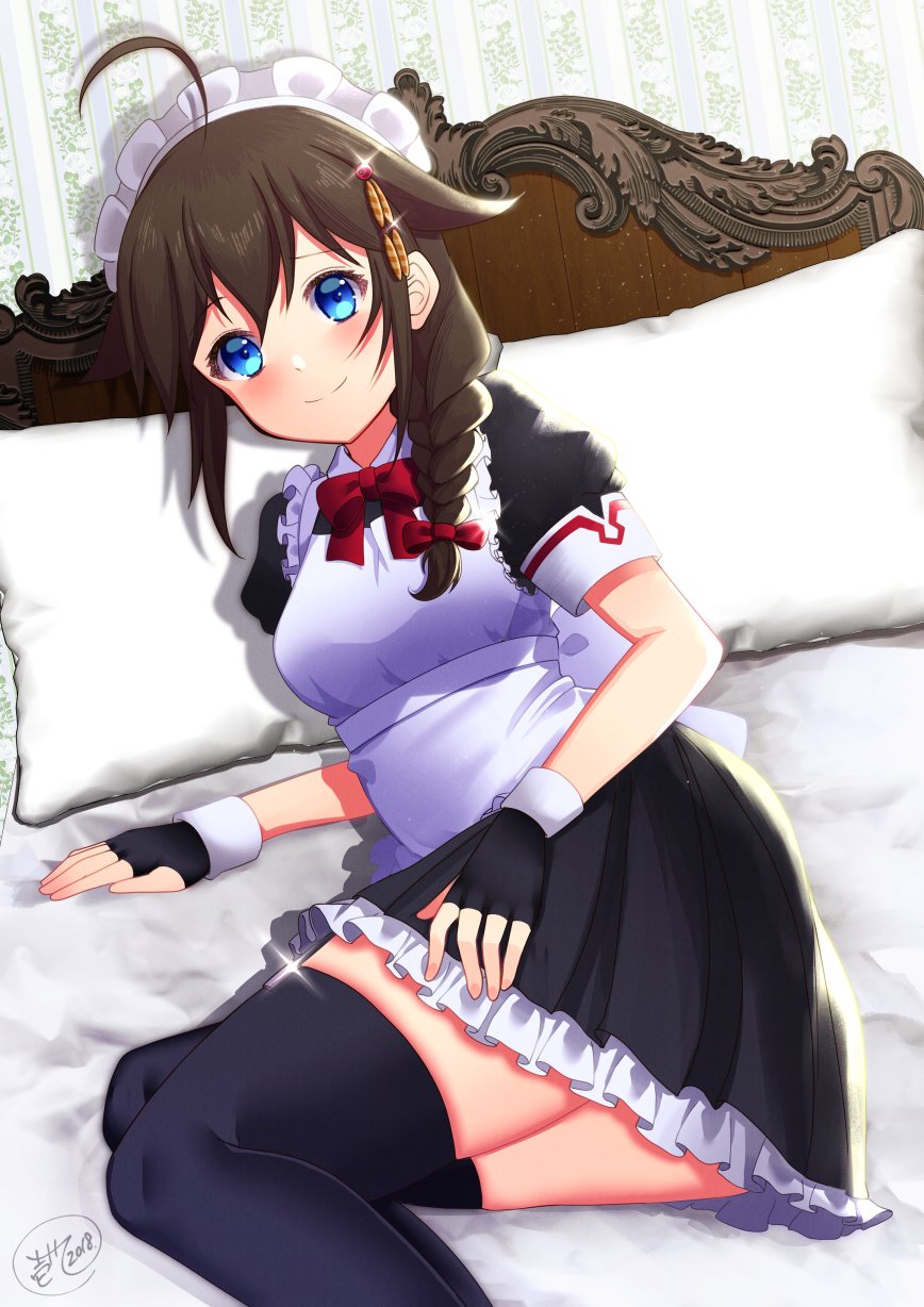 1girl alternate_costume apron bedroom black_gloves blue_eyes blush braid breasts brown_hair eyebrows_visible_through_hair fingerless_gloves frills gloves hair_flaps hair_ornament hair_over_shoulder highres ittokyu kantai_collection long_hair looking_at_viewer lying maid maid_apron maid_headdress medium_breasts on_bed on_side pleated_skirt shigure_(kantai_collection) single_braid skirt solo waist_apron